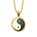 Golden Tai Chi Yin Yang pendant necklace with black white enamel and pearl chain - Gold (Box Chain)