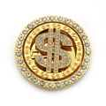 Detail of a rotating gold dollar sign car ornament featuring sparkling crystal rhinestones - Adhesive Type / 6.2cm / Gold
