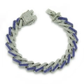 Close-up of Cuban chain link bracelet with blue and white rhinestones and box clasp - Silver (Blue Diamond)