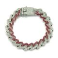 Hip hop silver Cuban chain bracelet with red and white pave-set rhinestones and box clasp - Silver (Red Rhinestone)
