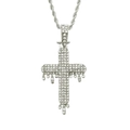 Close-up of iced out silver drip cross pendant with cubic zirconia on a rope chain - Drip Cross / Silver