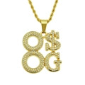 Nahaufnahme der goldenen Hip-Hop-Halskette mit glitzerndem 8, $ und G Symbolanhänger - 0.3x75cm Seilkette / Gold