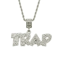 Detailopname van zilveren hiphop TRAP-hanger met strass-steentjes en gedraaide ketting - 75cm Touwketting / Zilver