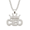 Close-up of silver CEO pendant with iced-out crown and sparkling pavé diamonds - Silver (Letter) - 0.3*75cm Box Chain