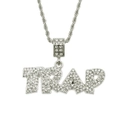 Hip hop silver TRAP letter pendant necklace with sparkling crystal rhinestones and rope chain - 75cm Rope Chain / Silver