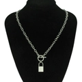 Detail of silver padlock pendant necklace with vertical stripes and OT toggle clasp - Silver