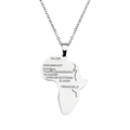Detail van de Afrika kaart ketting met gegraveerde steden op gepolijst staal - Zilver