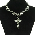 Punk silver flame cross pendant necklace displayed on a black neck bust stand - Silver
