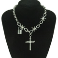 Silver punk cross and padlock necklace with barbed wire accents on mannequin - Silver