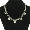 Silver Cuban chain necklace featuring five butterfly pendants on a black jewelry display - Silver (5 Butterflies)