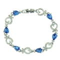 Detailed view of silver heart bracelet with pear-cut blue stones and inlaid crystals - Silver Bracelet (Blue Teardrop Rhinestone) / Blue