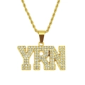 Hip hop style gold plated YRN letter pendant necklace with white crystals on rope chain - Gold