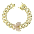 Hip-Hop-Punk-Gold-Cuban-Kettenarmband mit eisbedecktem Zirkon-Schmetterlingsanhänger - Gold (Rosa Zirkonia Schmetterling)
