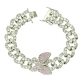 Hip-Hop Cuban Link Armband für Herren mit silbernem Finish und rosa Zirkon-Schmetterling - Silber (Rosa Zirkonia Schmetterling)