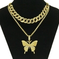 Set collana a doppio strato dorata con ciondolo a farfalla di cristallo e catena cubana - Oro (Strass Bianco)