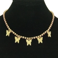 Elegant gold tennis chain necklace featuring five pink rhinestone butterfly pendants - Gold Chain Pink Rhinestone