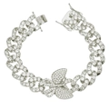 Makroaufnahme von Iced-Out Cuban Link Armband mit Schmetterling und Zirkon-Pavé - Silber (Weißer Zirkonia Schmetterling)
