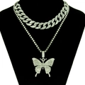 Set di collane Cuban link color argento con grande ciondolo a farfalla in strass - Argento (Strass Bianco)