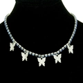 Silver necklace with five dark blue butterfly pendants on a crystal tennis chain for women - Silver Chain Blue Rhinestone