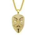 Iced out gold Guy Fawkes mask pendant necklace with crystal pave setting and box chain - 75cm Box Chain / Gold