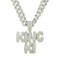 Cadena cubana plateada con diamantes y colgante de letras KING KL para hombre - Letra Plateada con Cadena Cubana de 50cm
