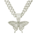 Macro shot of iced-out silver butterfly pendant with crystal cuban link chain - Butterfly Cuban Chain / Silver