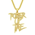 Iced-out gold plated three-layer POWER UP TAE letter pendant with shiny stones - POWER UP TAE Letter Pendant (Box Chain) / Gold