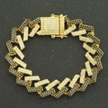 Macro detail of 15mm Cuban link bracelet with black and white pavé rhinestones - Gold (Black Rhinestone)