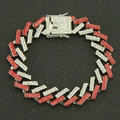 Detailed close-up of 15mm Cuban link bracelet with red and white iced-out rhinestones - Silver (Red Rhinestone)