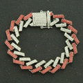 15mm iced out cuban link bracelet with red and white rhinestones for men on black background - Silver (Red Rhinestone)