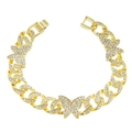 Iced out gold Cuban link bracelet with sparkling butterfly charms for hip hop fashion style - Gold