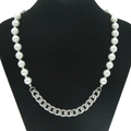 Modern mixed necklace with white round pearls and silver Cuban link chain on neck display - Pearl Cuban Necklace