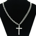 Hiphop silver cross necklace with zirconia crystals and asymmetric link chain - Silver