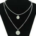 Collana doppia catena argento con maglia cubana, perline e ciondoli moneta Elisabetta II - Set Ciondolo Rotondo / Argento