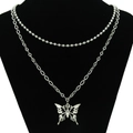 Double-layered stainless steel necklace featuring a hollow butterfly pendant on a black stand - Silver (Butterfly Set)