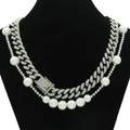 Double-layered hip hop Cuban link necklace with sparkling crystals and white pearls - 2-Piece Set (6 Artificial Pearls + Silver 45cm Cuban Link)