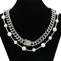 Parure de colliers hip hop avec chaîne cubaine glacée et grosses perles blanches pour homme - Ensemble 2 Pièces (Perle Artificielle Unique + Chaîne Cubaine Argent 45cm)