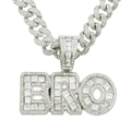 Macro detail of iced-out BRO letter pendant and sparkling Cuban link chain necklace - Silver (With 50cm Cuban Chain)