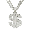 Close-up of hip-hop silver dollar sign pendant with sparkling white rhinestones - Silver (Dollar) - With 50cm Cuban Chain