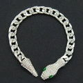 Silver Cuban chain snake bracelet with pave crystals and green gemstone eyes - Green Eyes Bracelet / Silver