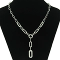Silver Y-shaped Cuban necklace with paved cubic zirconia links on a black bust - Silver Y-Shaped Necklace