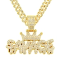 Hiphop Gold SAVAGE Kronen-Halskette mit eisgekühlter kubanischer Gliederkette - Gold Krone Buchstabe Anhänger Halskette / Gold