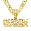 Collier maille cubaine dorée hip hop avec grand pendentif lettre QUEEN serti de cristaux - Ensemble Collier Lettre Queen / Doré