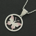 Macro shot of silver hip hop necklace with pink rhinestone butterfly pendant - Silver Tone With Pink Rhinestone Butterfly With 60cm Rope Chain