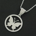 Close-up of iced out butterfly pendant with silver plating and twisted rope chain - Silver Tone With White Rhinestone Butterfly With 60cm Rope Chain