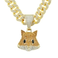 Gros plan du pendentif renard hip hop avec cristaux et chaîne cubaine dorée - Ensemble Collier (Pendentif Renard avec Chaîne Cubaine 50cm) / Doré