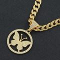 Golden iced-out Cuban chain necklace with iced butterfly pendant in hollow round design - Gold Tone With White Rhinestone Butterfly With 50cm Cuban Link Chain