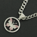 Close-up of hip hop Cuban chain necklace with iced out pink butterfly pendant in silver - Silver Tone With Pink Rhinestone Butterfly With 50cm Cuban Link Chain