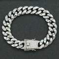 Detail of silver Cuban chain bracelet featuring a square clasp encrusted with clear crystals - Silver-8inch