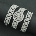 Set di bracciali hip hop in argento con segno del dollaro e strass scintillanti - Argento-18 pollici